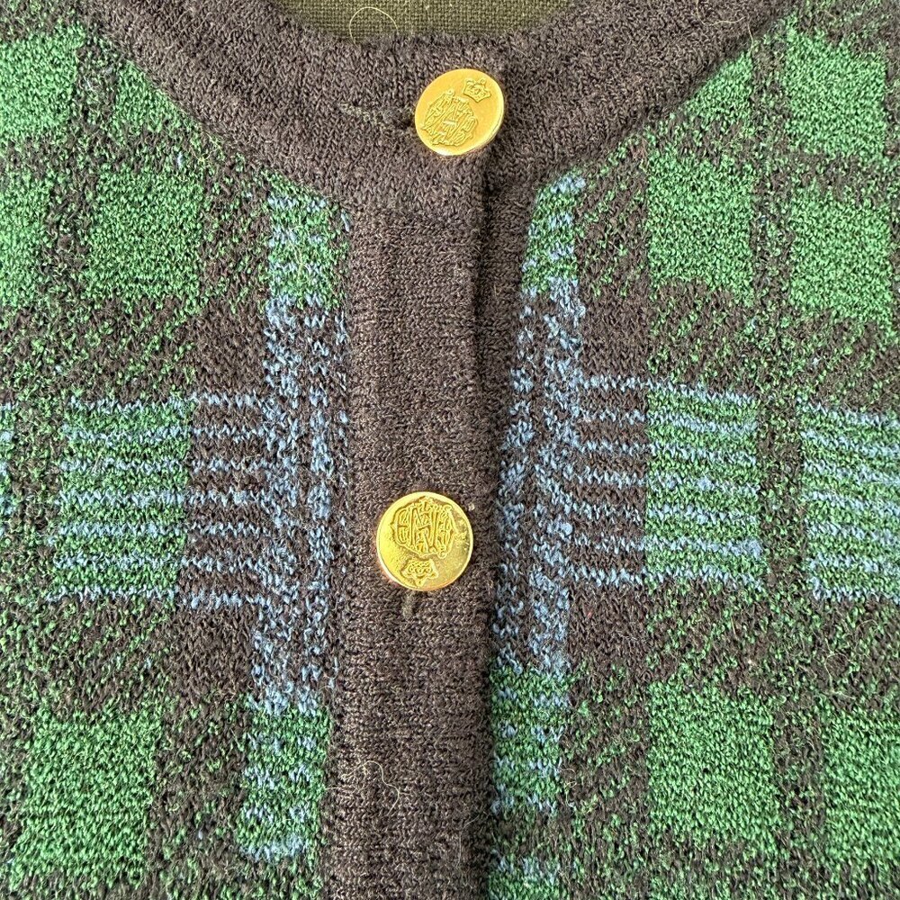 VINTAGE 80s Talbots Tartan Plaid Blue Green Cardigan Sweater Medium - Picture 10 of 14